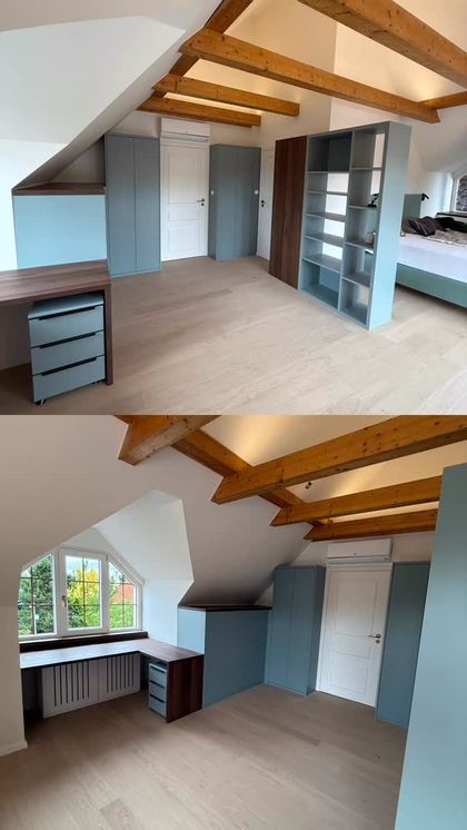 Dětský pokoj číslo dva z nově zrekonstruovaného domu na kraji Prahy. Se sezením v okně s výhledem na bazén a zahradu 😁